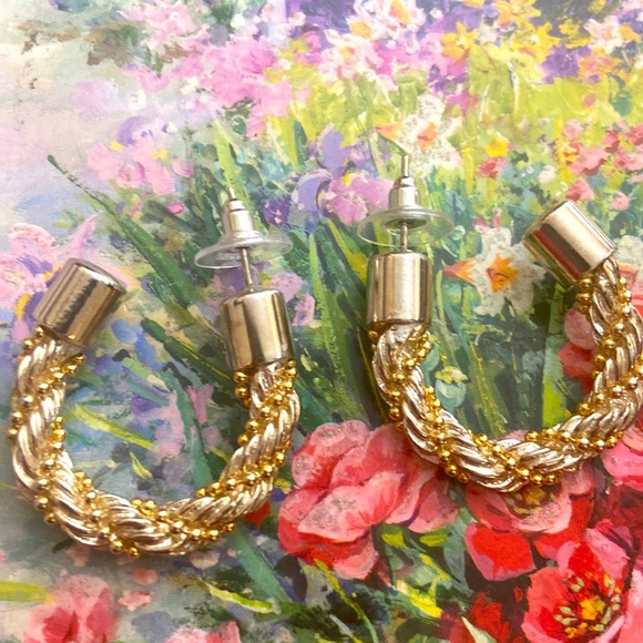 Vintage 90s Silver & Gold Toned Twisted Post Pierced Earrings - Picture 1 of 3